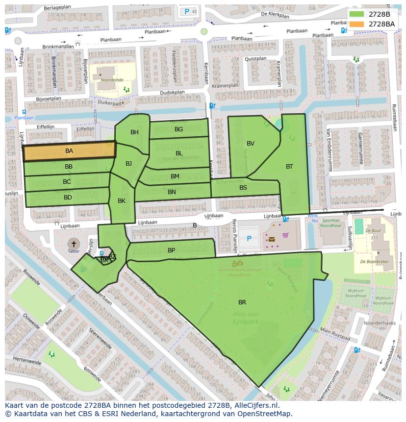 Afbeelding van het postcodegebied 2728 BA op de kaart.