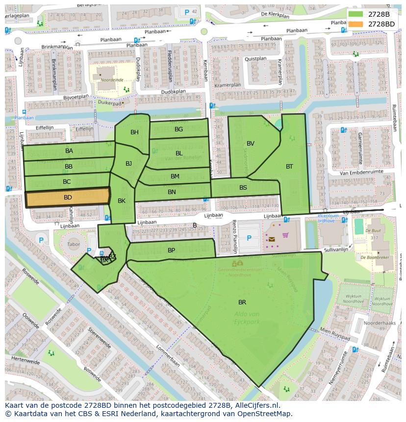 Afbeelding van het postcodegebied 2728 BD op de kaart.