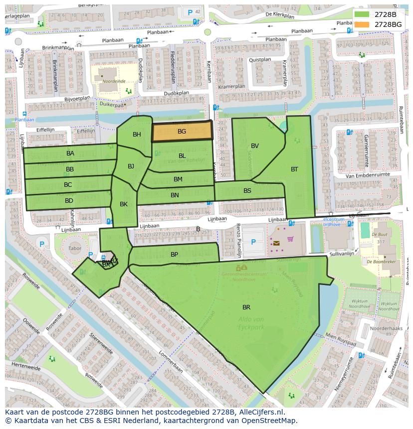 Afbeelding van het postcodegebied 2728 BG op de kaart.