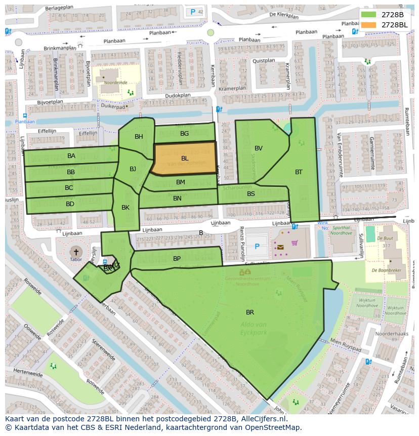 Afbeelding van het postcodegebied 2728 BL op de kaart.