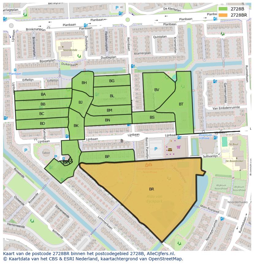 Afbeelding van het postcodegebied 2728 BR op de kaart.