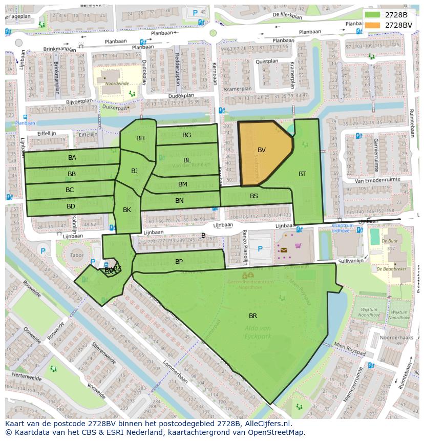 Afbeelding van het postcodegebied 2728 BV op de kaart.