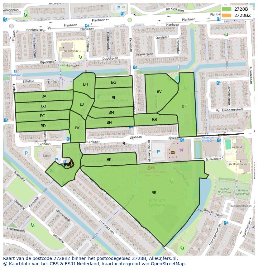 Afbeelding van het postcodegebied 2728 BZ op de kaart.