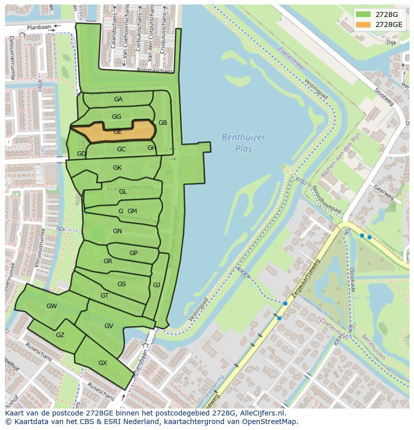 Afbeelding van het postcodegebied 2728 GE op de kaart.