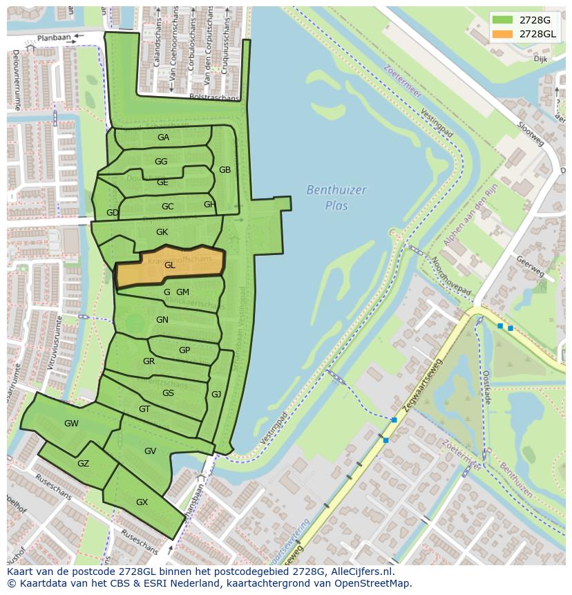 Afbeelding van het postcodegebied 2728 GL op de kaart.