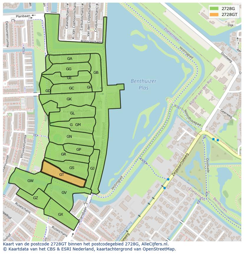 Afbeelding van het postcodegebied 2728 GT op de kaart.
