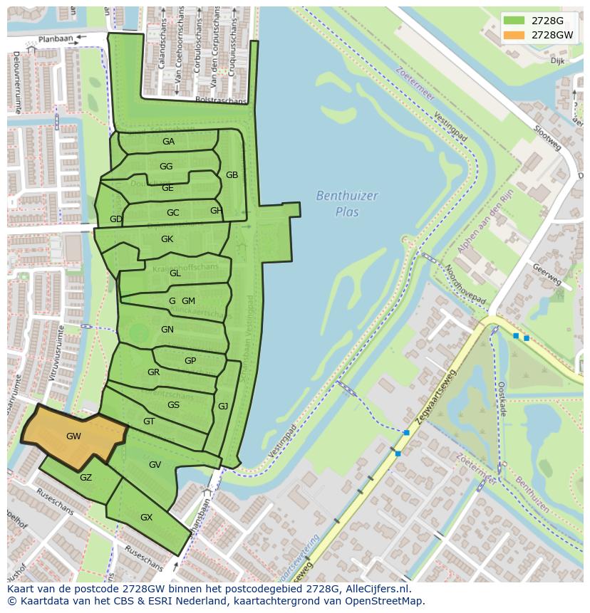 Afbeelding van het postcodegebied 2728 GW op de kaart.