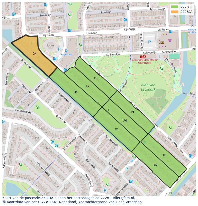 Afbeelding van het postcodegebied 2728 JA op de kaart.
