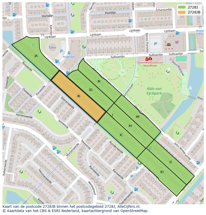 Afbeelding van het postcodegebied 2728 JB op de kaart.