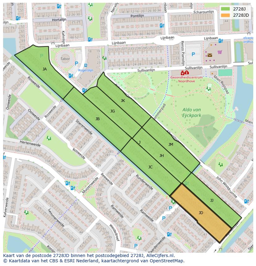 Afbeelding van het postcodegebied 2728 JD op de kaart.