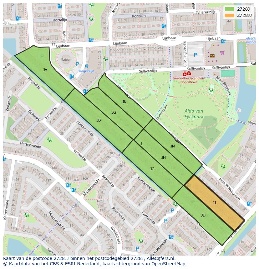 Afbeelding van het postcodegebied 2728 JJ op de kaart.