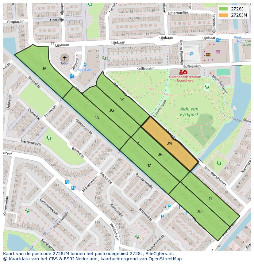 Afbeelding van het postcodegebied 2728 JM op de kaart.