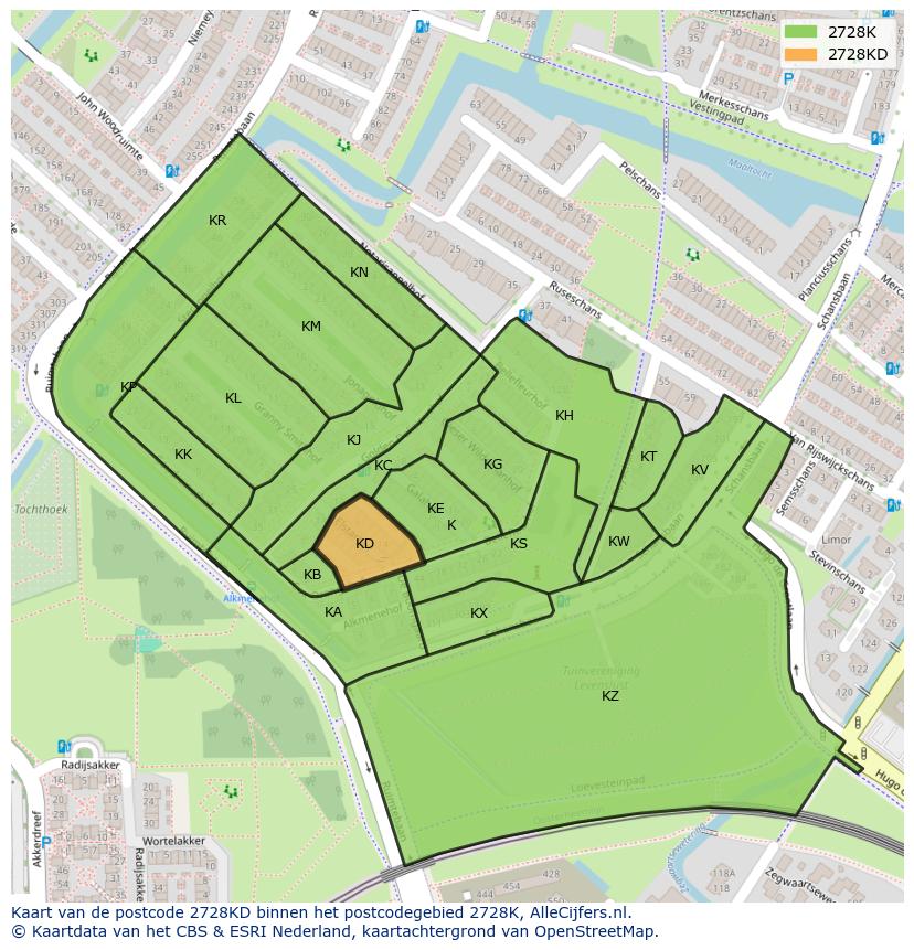 Afbeelding van het postcodegebied 2728 KD op de kaart.