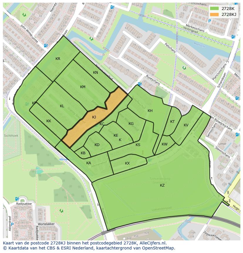 Afbeelding van het postcodegebied 2728 KJ op de kaart.