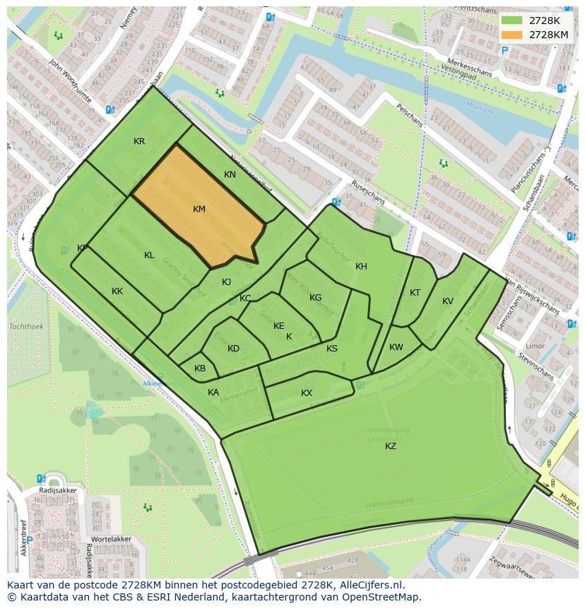 Afbeelding van het postcodegebied 2728 KM op de kaart.