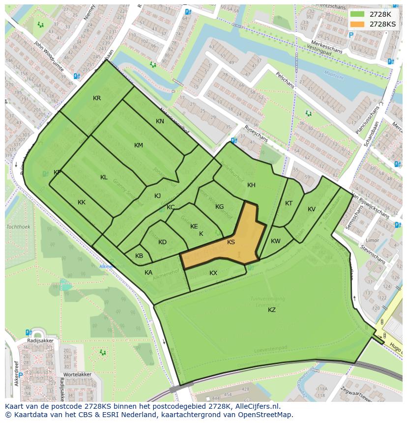 Afbeelding van het postcodegebied 2728 KS op de kaart.