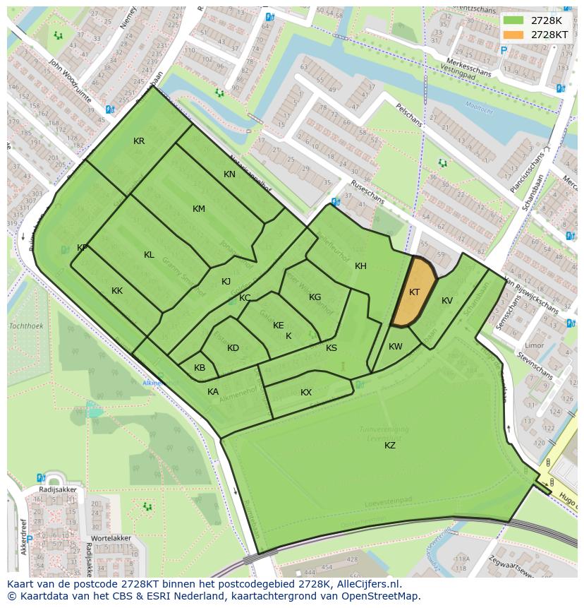 Afbeelding van het postcodegebied 2728 KT op de kaart.