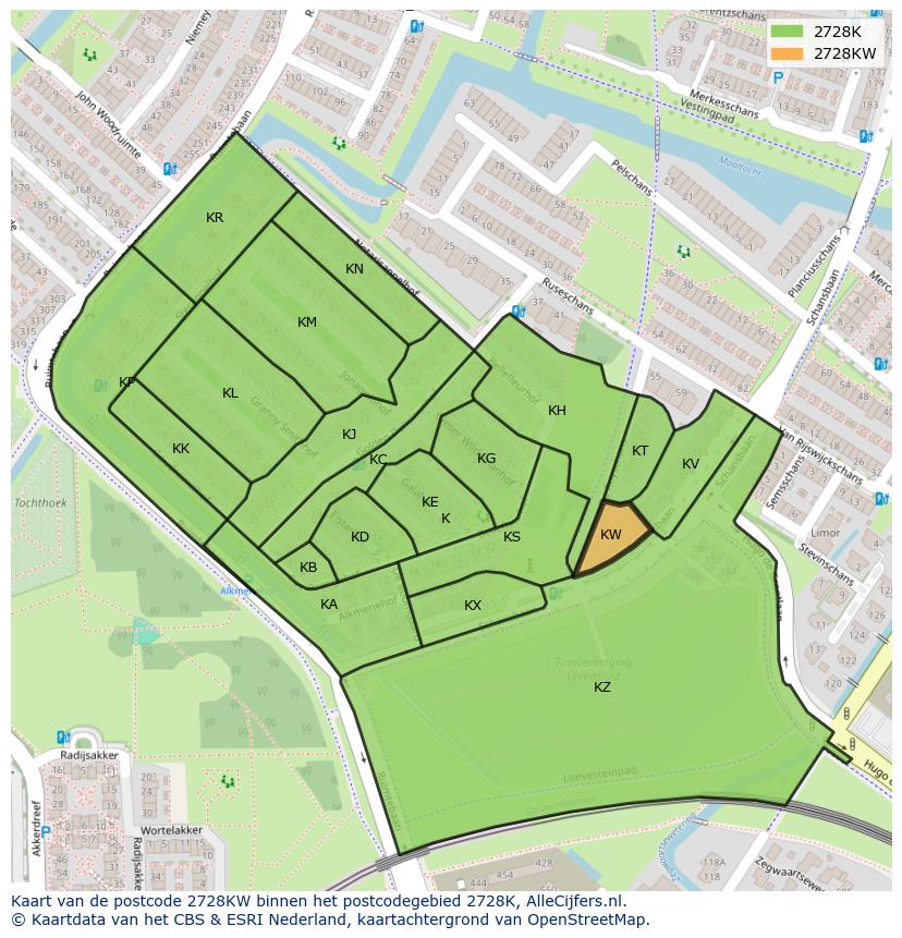 Afbeelding van het postcodegebied 2728 KW op de kaart.