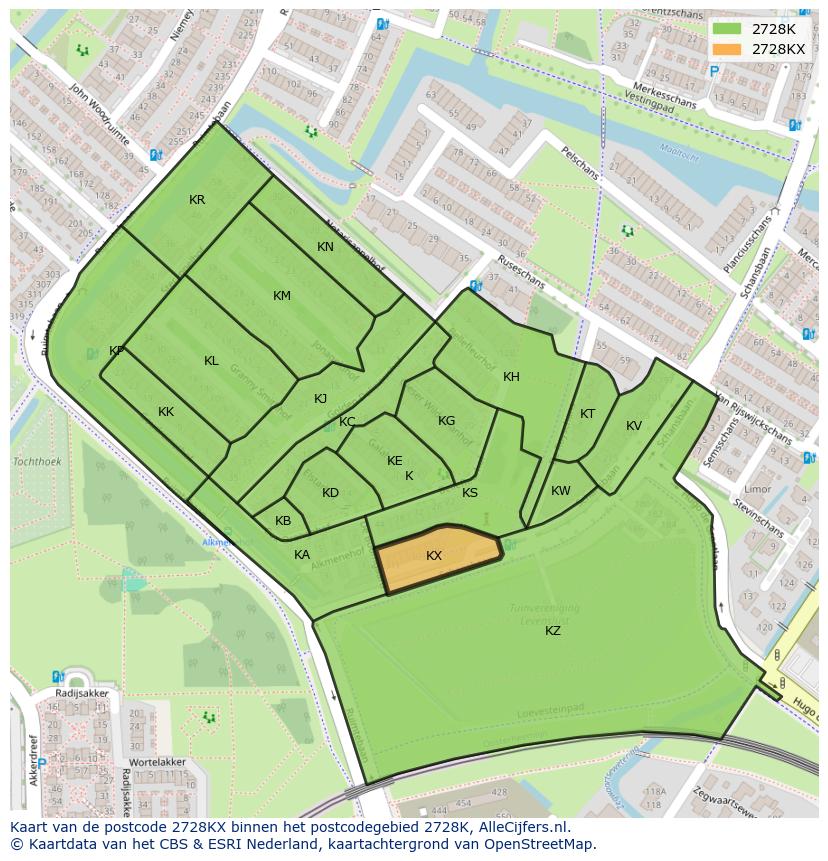 Afbeelding van het postcodegebied 2728 KX op de kaart.