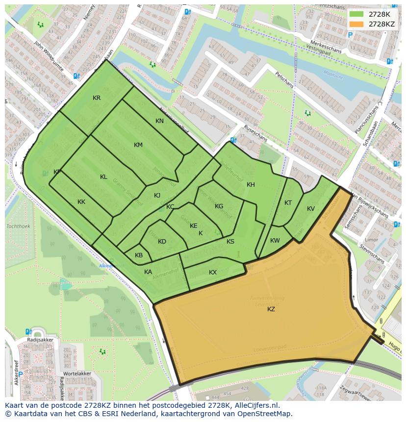 Afbeelding van het postcodegebied 2728 KZ op de kaart.