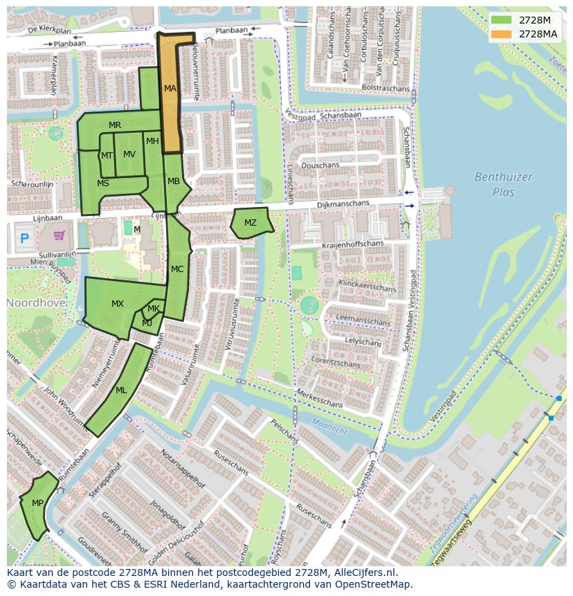 Afbeelding van het postcodegebied 2728 MA op de kaart.