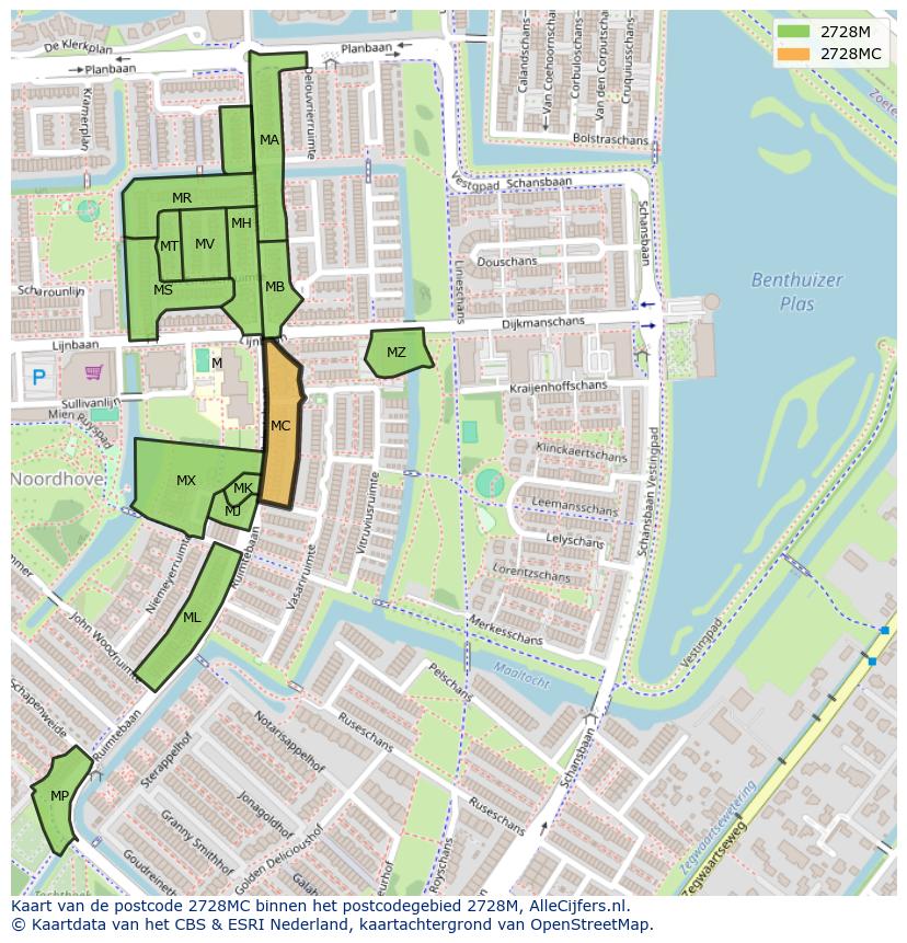 Afbeelding van het postcodegebied 2728 MC op de kaart.
