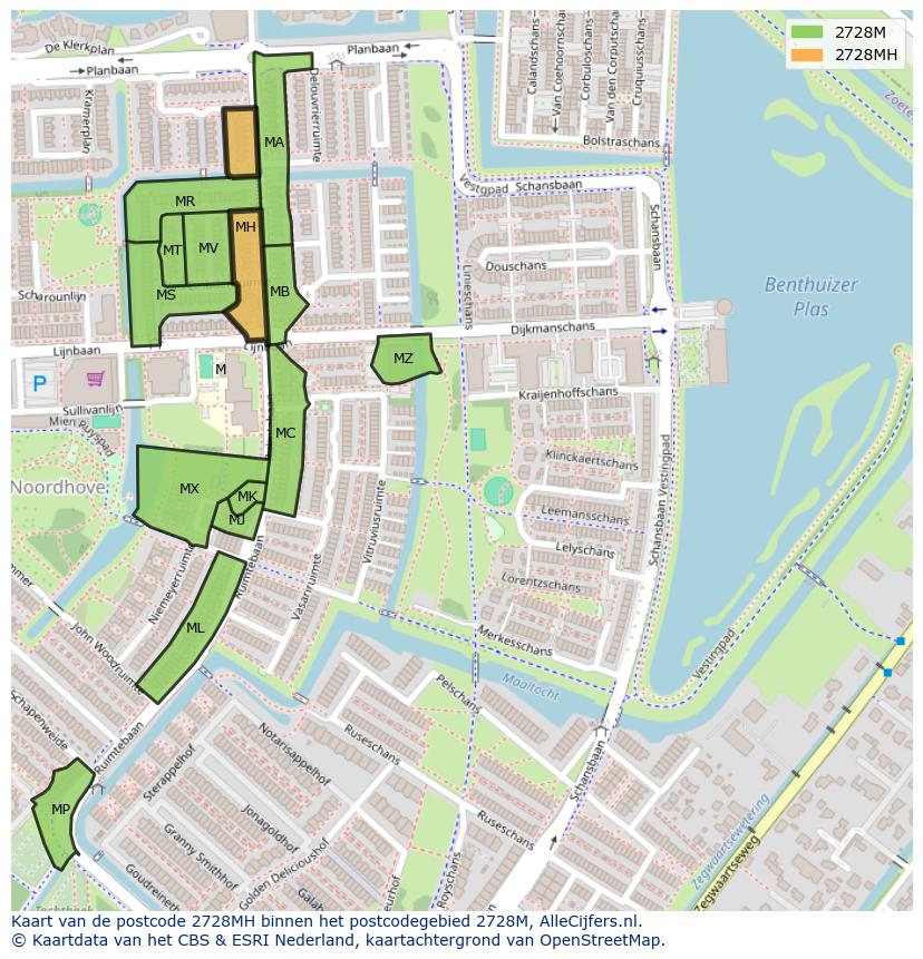 Afbeelding van het postcodegebied 2728 MH op de kaart.