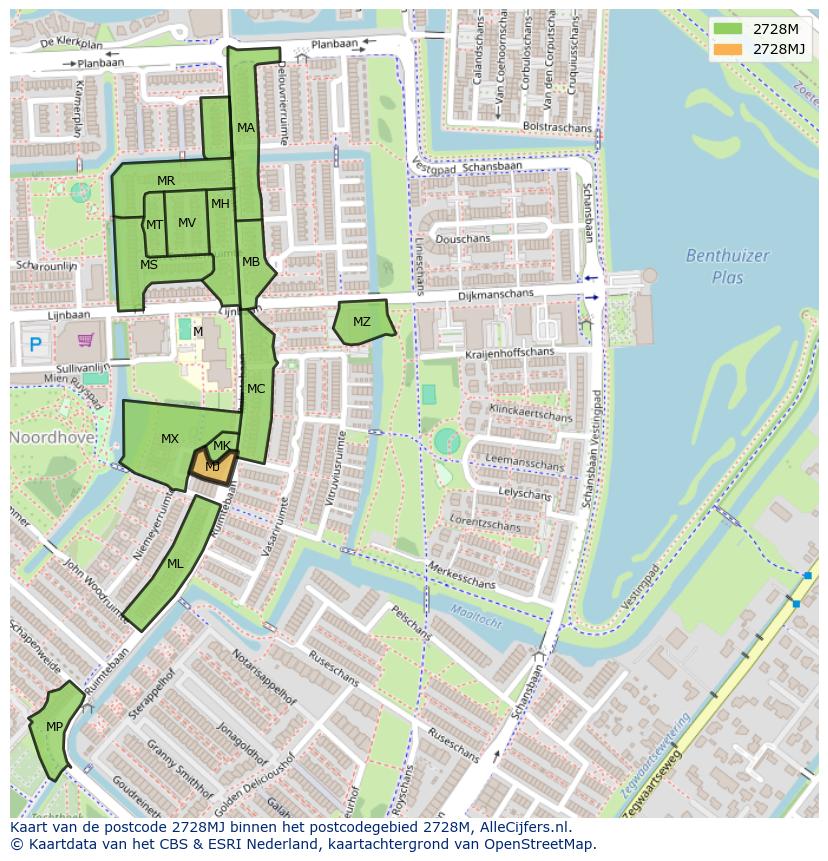 Afbeelding van het postcodegebied 2728 MJ op de kaart.