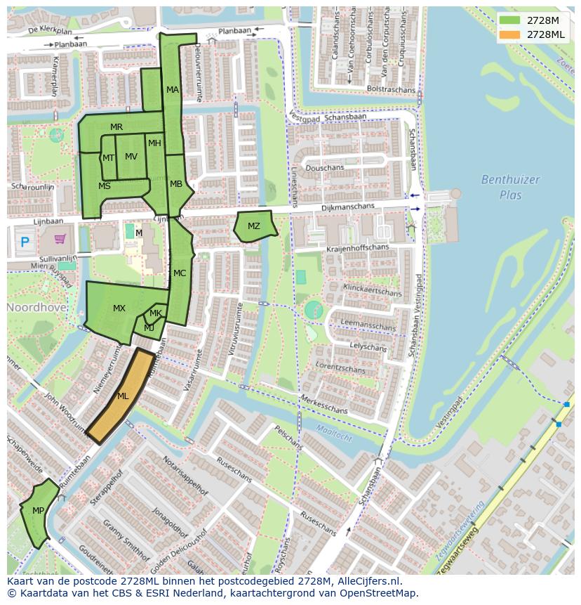 Afbeelding van het postcodegebied 2728 ML op de kaart.