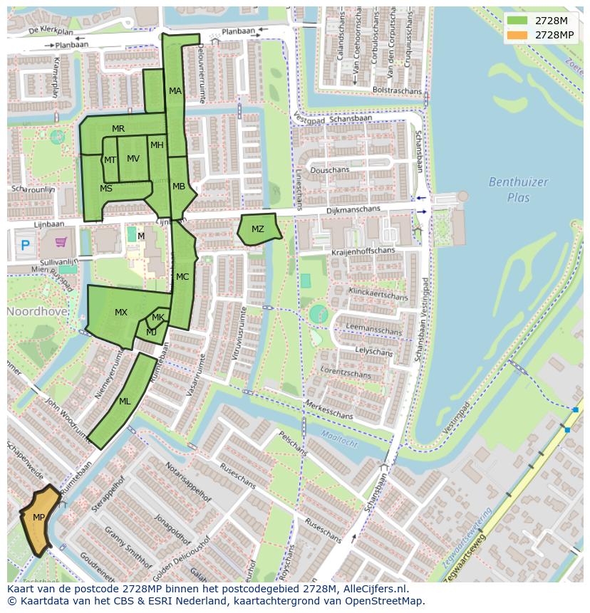 Afbeelding van het postcodegebied 2728 MP op de kaart.