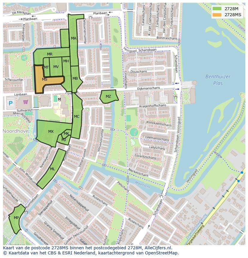 Afbeelding van het postcodegebied 2728 MS op de kaart.