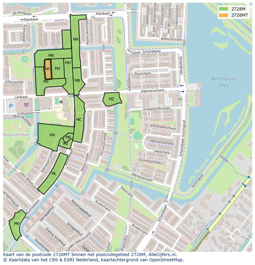 Afbeelding van het postcodegebied 2728 MT op de kaart.