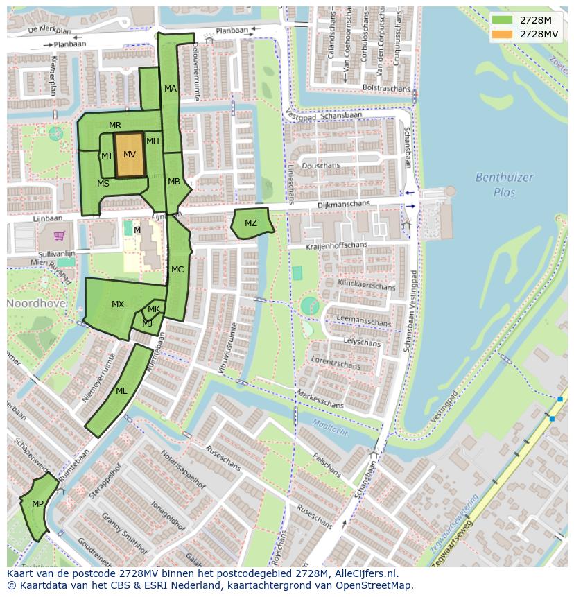 Afbeelding van het postcodegebied 2728 MV op de kaart.