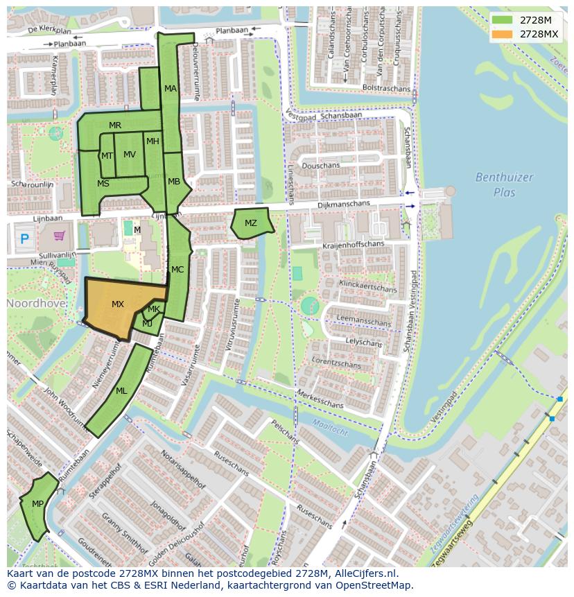 Afbeelding van het postcodegebied 2728 MX op de kaart.