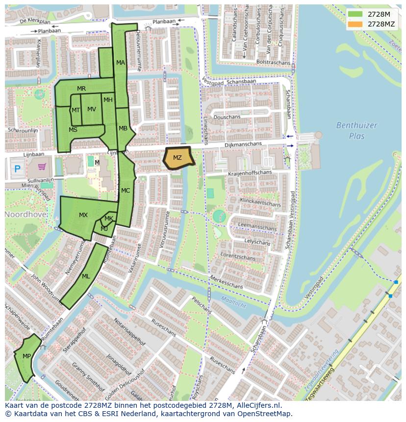 Afbeelding van het postcodegebied 2728 MZ op de kaart.
