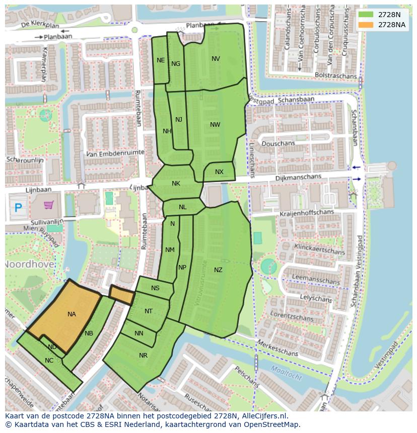 Afbeelding van het postcodegebied 2728 NA op de kaart.