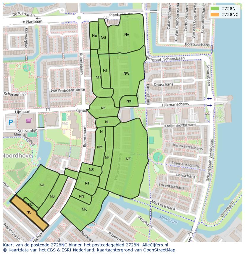 Afbeelding van het postcodegebied 2728 NC op de kaart.