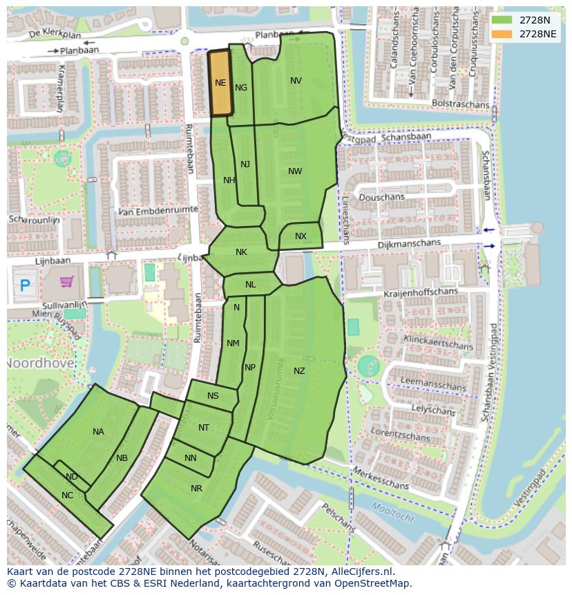 Afbeelding van het postcodegebied 2728 NE op de kaart.