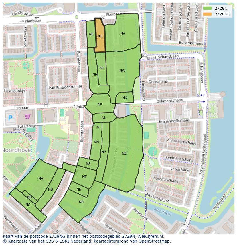 Afbeelding van het postcodegebied 2728 NG op de kaart.