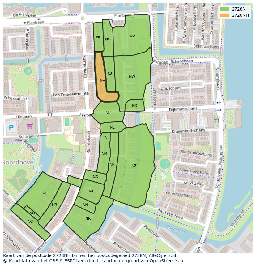Afbeelding van het postcodegebied 2728 NH op de kaart.