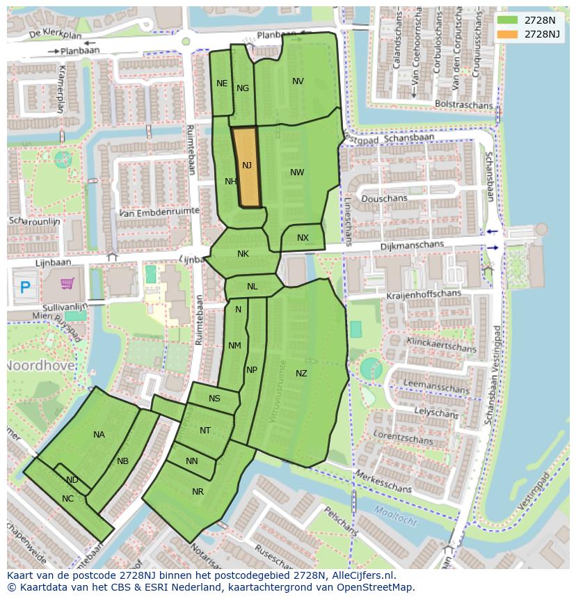 Afbeelding van het postcodegebied 2728 NJ op de kaart.