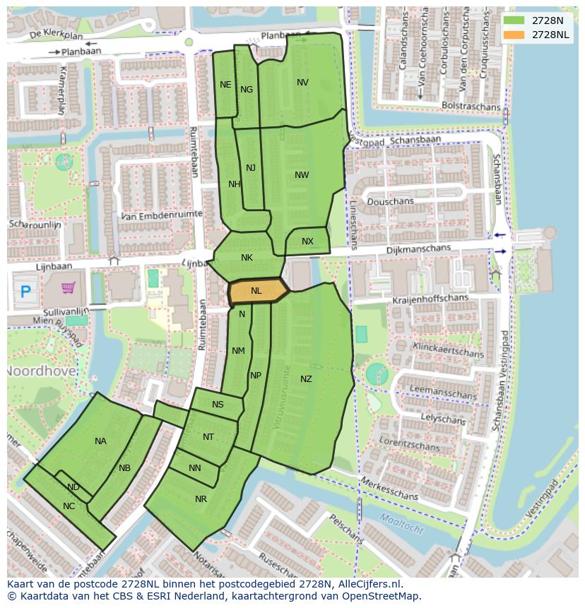 Afbeelding van het postcodegebied 2728 NL op de kaart.