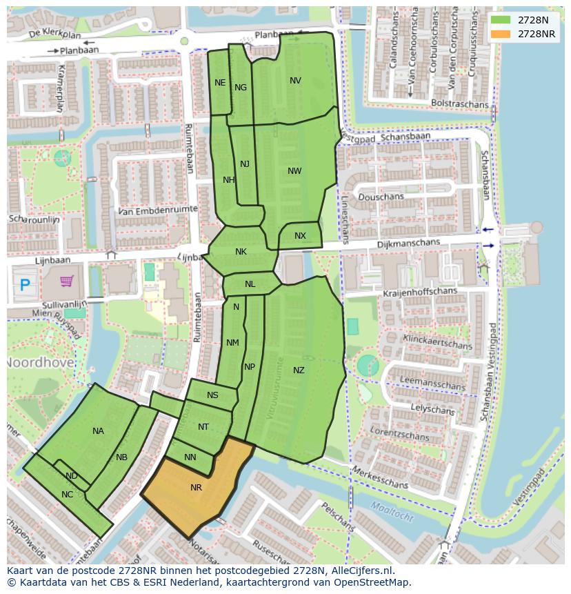 Afbeelding van het postcodegebied 2728 NR op de kaart.
