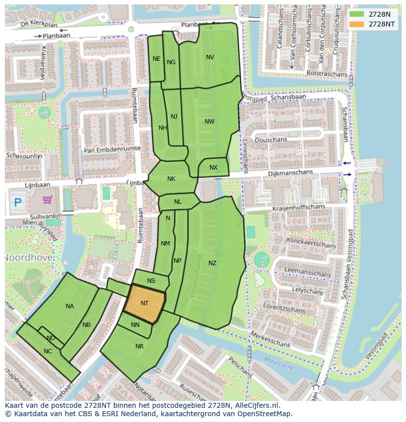 Afbeelding van het postcodegebied 2728 NT op de kaart.