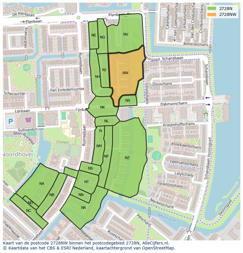 Afbeelding van het postcodegebied 2728 NW op de kaart.