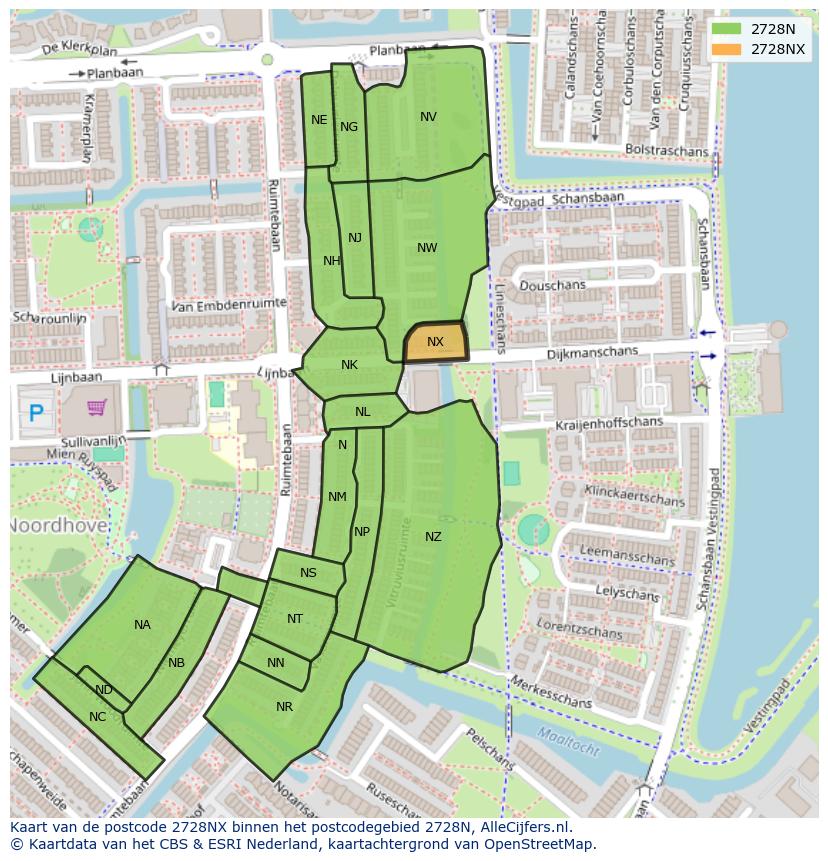 Afbeelding van het postcodegebied 2728 NX op de kaart.