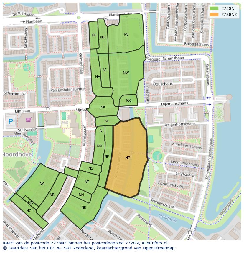 Afbeelding van het postcodegebied 2728 NZ op de kaart.