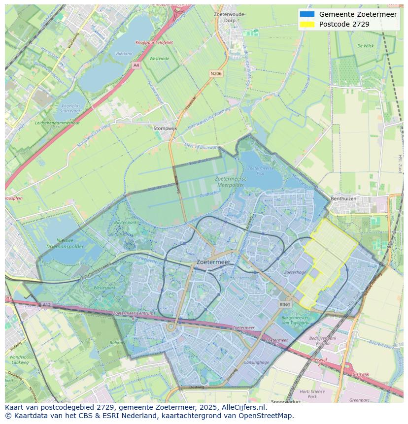 Afbeelding van het postcodegebied 2729 op de kaart.