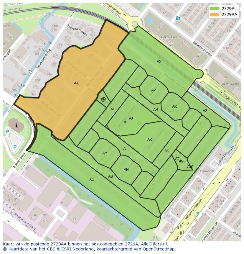 Afbeelding van het postcodegebied 2729 AA op de kaart.