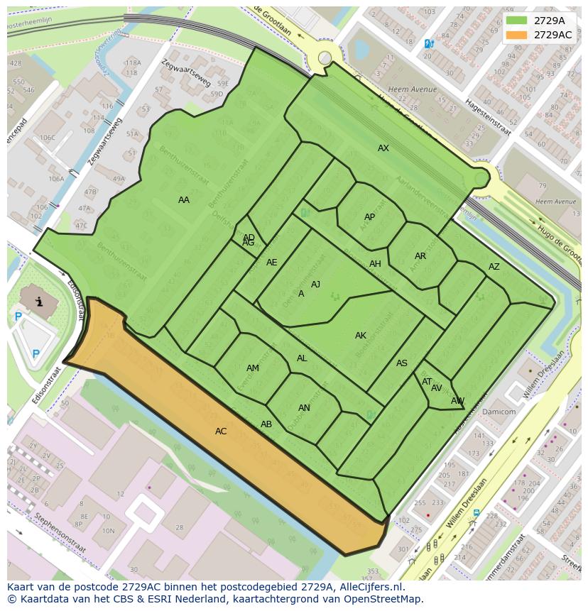 Afbeelding van het postcodegebied 2729 AC op de kaart.
